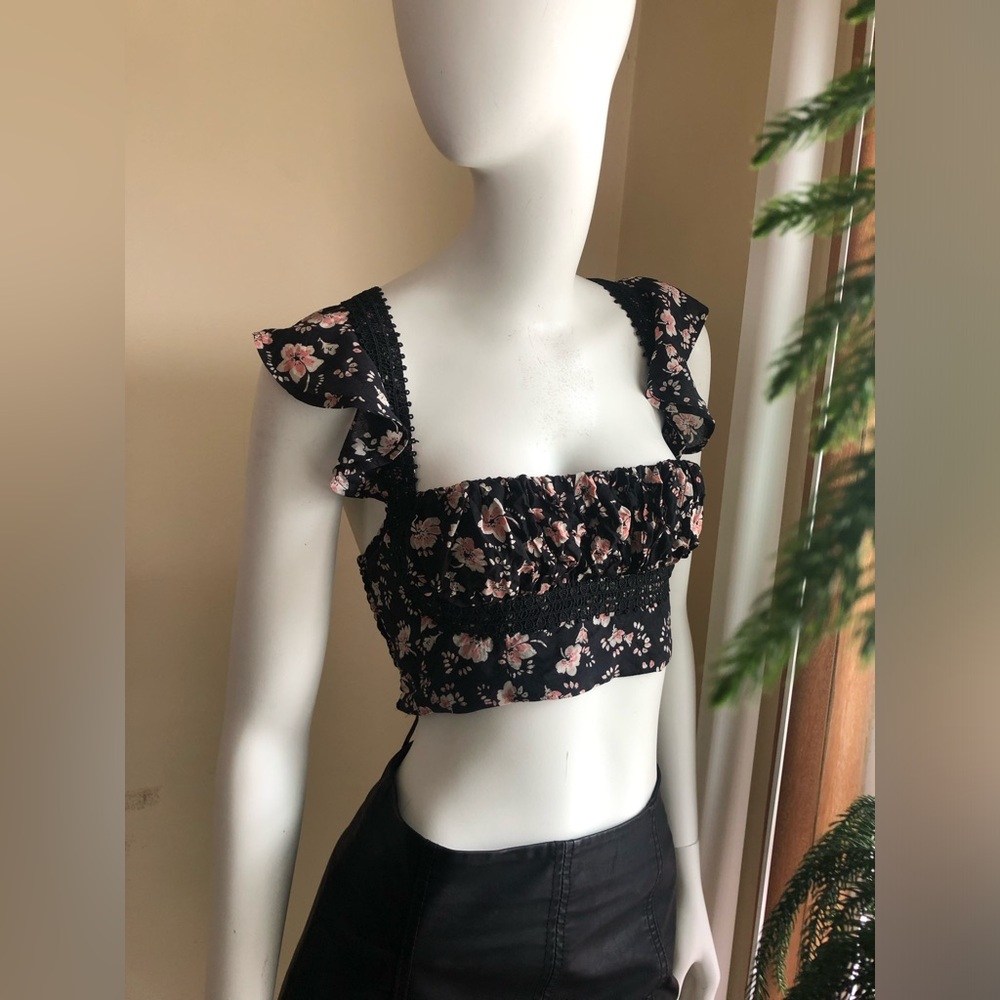 Free People Tops Free People Bijou Black Floral Crop Top Size 2